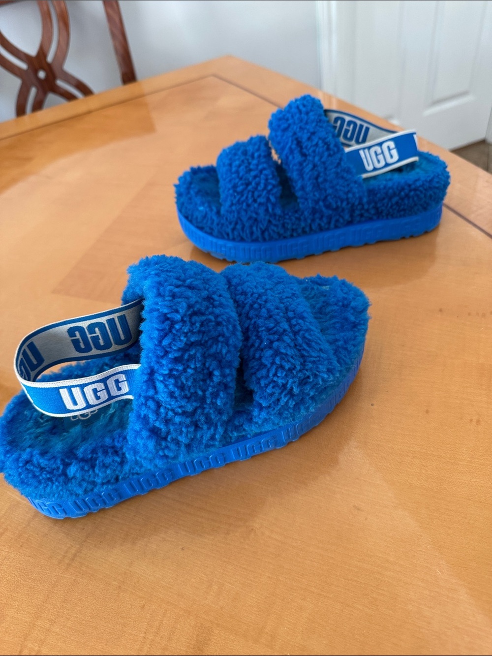 UGG Electric Blue Fuzz Slide Sandals with Branded Heel Strap